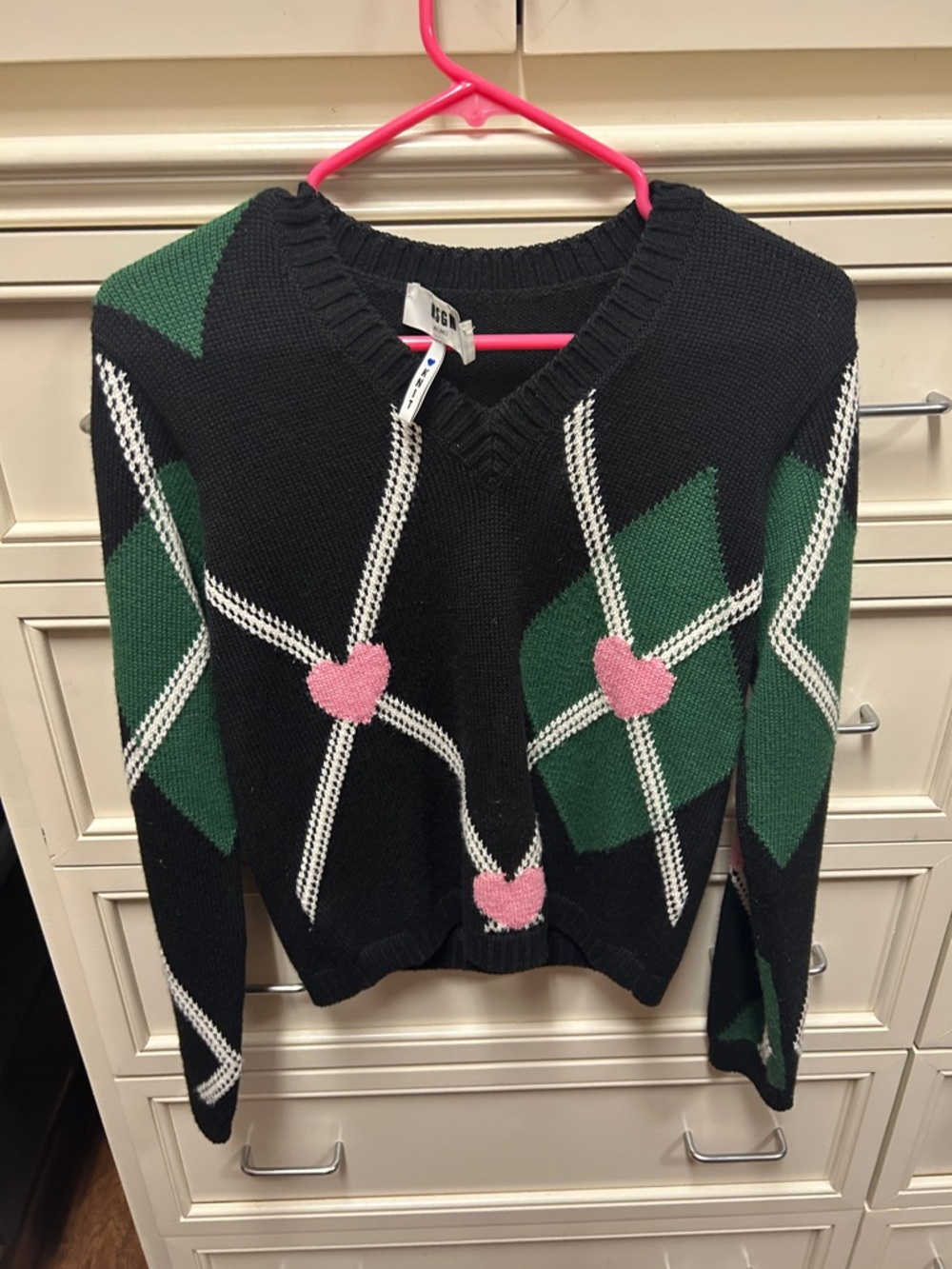 MSGM Black V-Neck Argyle Sweater with Green Panels & Pink Hearts